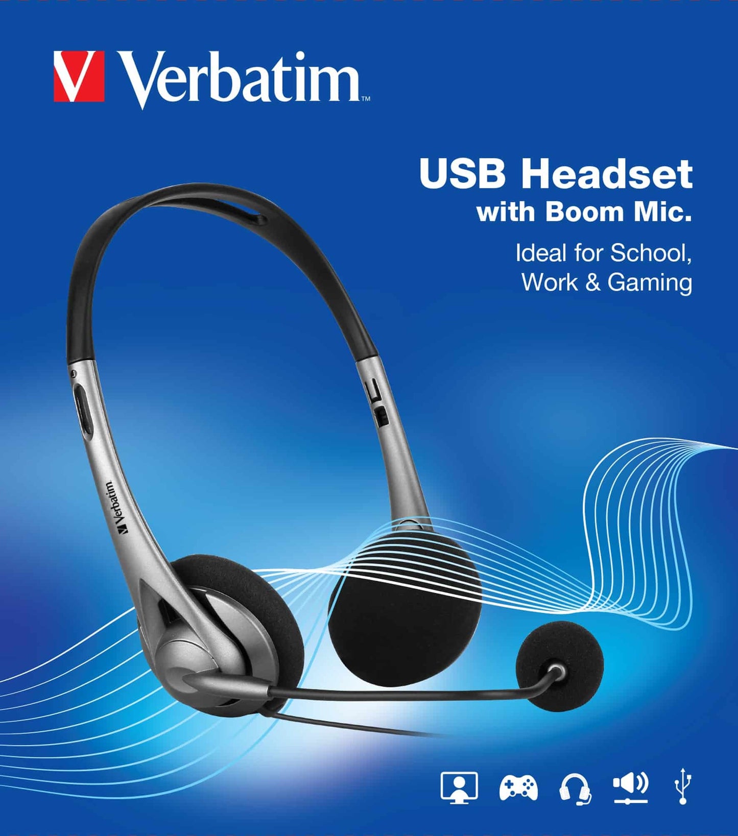 Verbatim Multimedia Headset with Boom Mic Headphone, Volume Control, USB 3.0 - Grey